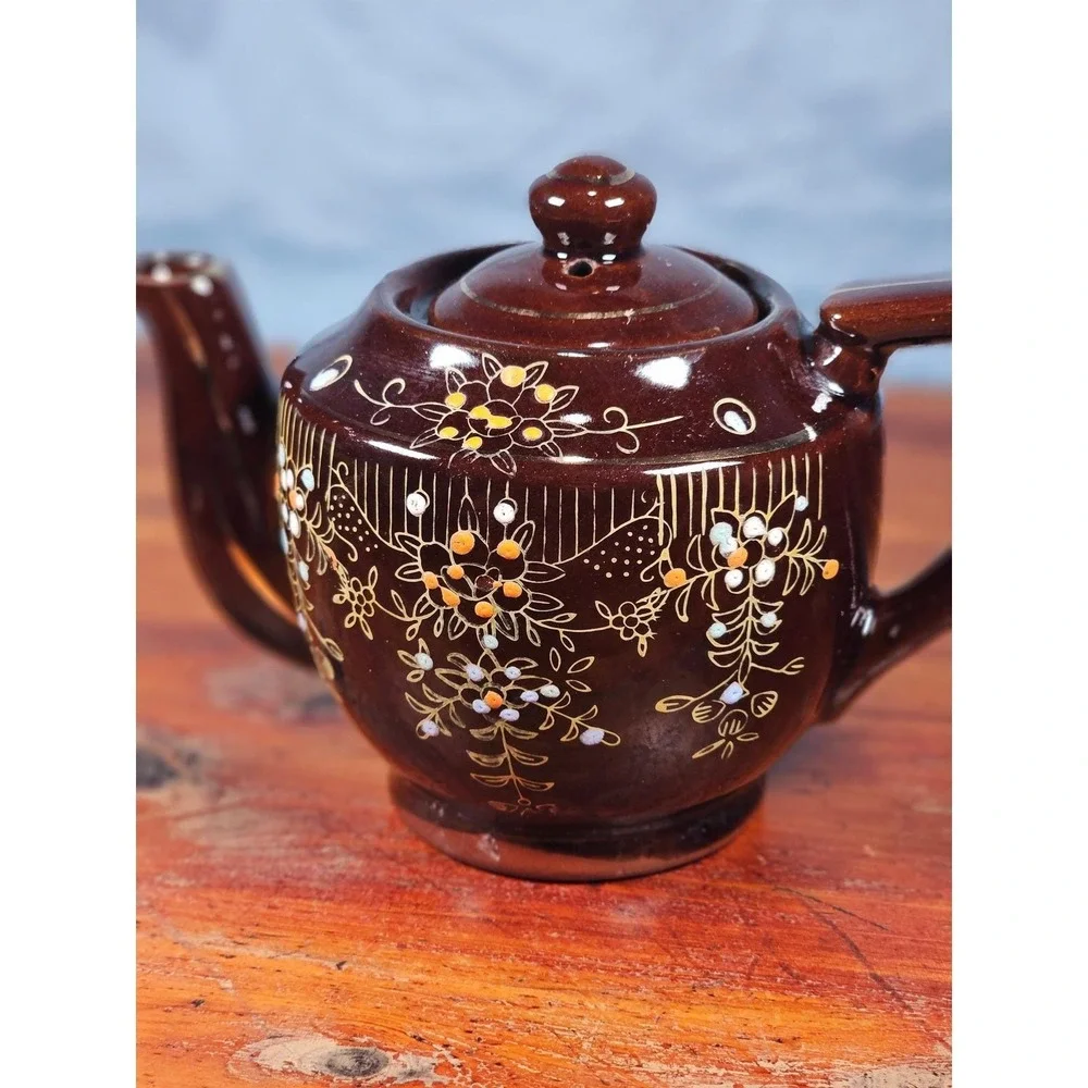 Vintage Made in Japan Brown Floral Ceramic Teapot Decorative Cottage Decor